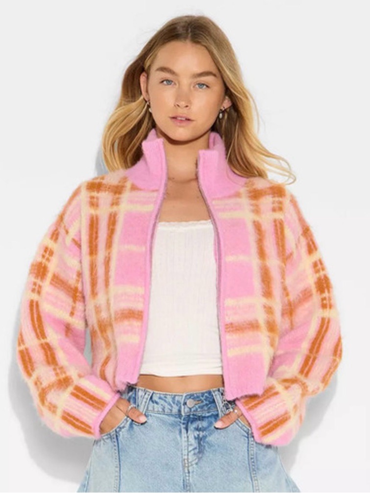 Wild Fable Pink & Tan Plaid Teddy Zip-Up Jacket